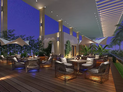 Outdoor Restaurant With Wooden Deck Wicker Furniture Green Plants Umbrellas Night Lighting And Cozy Atmosphere 3d model