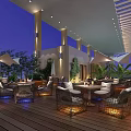 Outdoor Restaurant With Wooden Deck Wicker Furniture Green Plants Umbrellas Night Lighting And Cozy Atmosphere