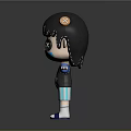 3D Cartoon Sculpture Carving With Black Hair Cross Eyes Blue Shirt Striped Shorts Red Heart