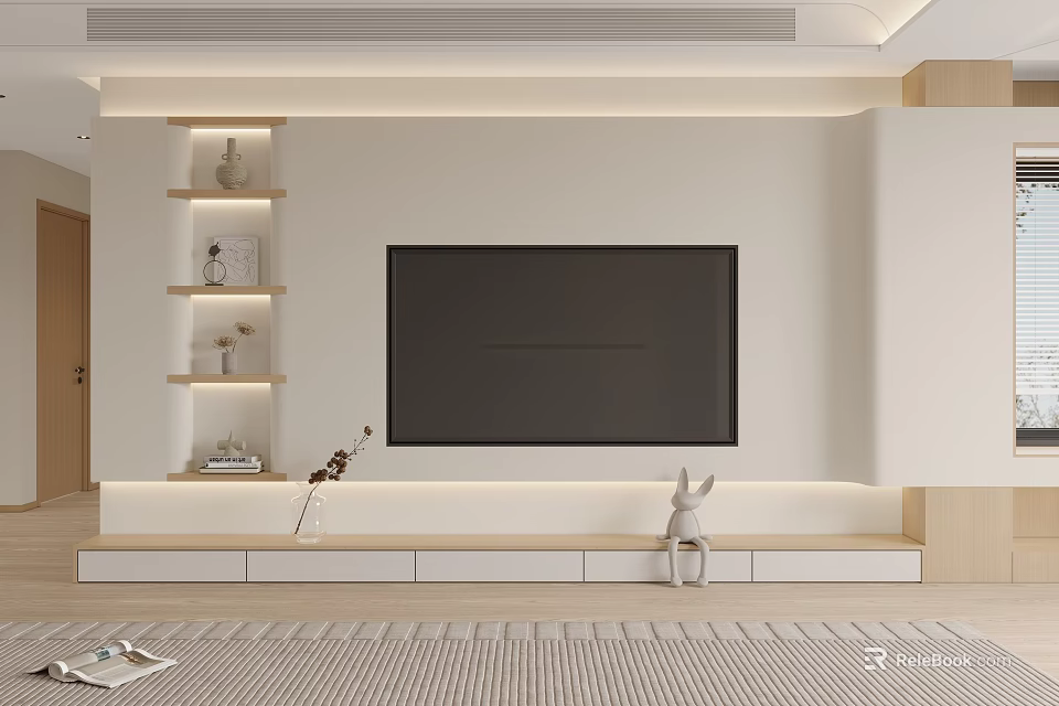 Minimalist Living Room TV Wall With Built In Shelves And Storage 3d model 