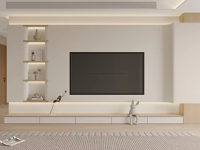 Minimalist Living Room TV Wall With Built In Shelves And Storage 3d model