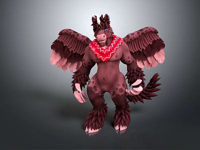 Fantasy Mythical Winged Creature With Red Scarf Brown Furry Body Claws And Tail 3d model