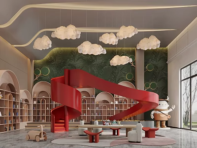 Children's Play Area With Red Slide Cloud Lights And Green Wall 3d model