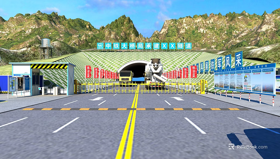 Road Facilities At Mountain Tunnel Entrance With Yellow Barriers And Double Yellow Lines 3d model 