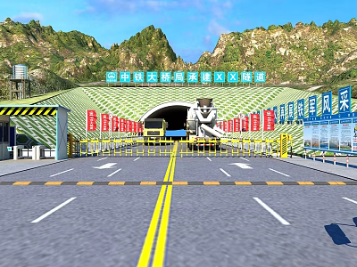 Road Facilities At Mountain Tunnel Entrance With Yellow Barriers And Double Yellow Lines 3d model