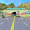 Road Facilities At Mountain Tunnel Entrance With Yellow Barriers And Double Yellow Lines