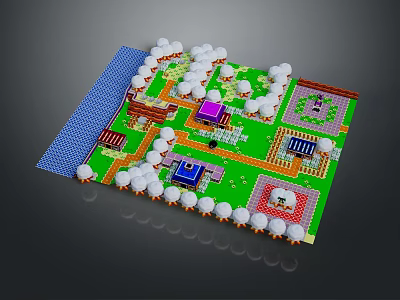 Cartoon Pixel Style Game Map With Colorful Buildings Green Grass And Blue Water Area 3d model
