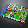 Cartoon Pixel Style Game Map With Colorful Buildings Green Grass And Blue Water Area