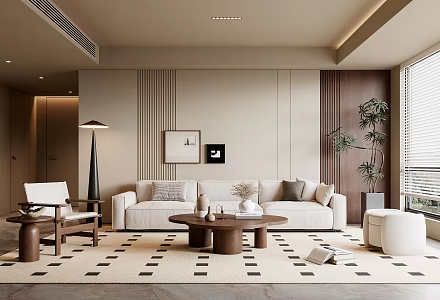 Modern Middle Ancient Style Living Room Sofa Coffee Table Combination Leisure Chair Side Table Green Planting Floor Lamp Dried Flowers 3d model