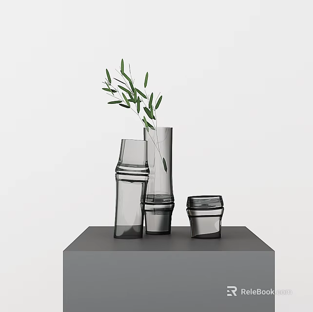 Modern Transparent Glass Vases With Fresh Green Leaves On Gray Display Platform 3d model 