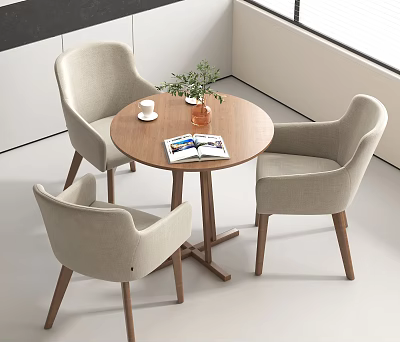 Modern Interior with Negotiation Table and Chairs Wooden Round Top Magazine Coffee Cup Green Plant 3d model