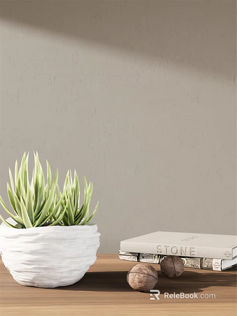 Green Striped Potted Plant in White Container Against Light Gray Wall with Decorative Box 3d model 