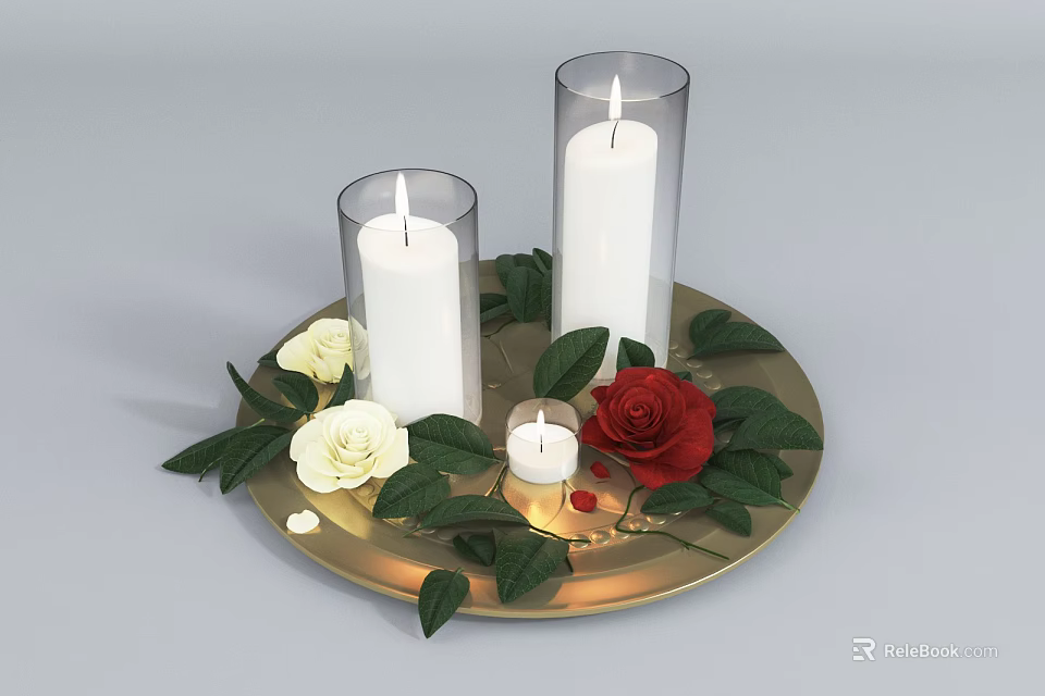 Lit Candle Holders with White Candles on Golden Tray Green Leaves White and Red Roses 3d model 