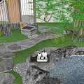 Rockery Stones In Garden Courtyard Featuring Small Pond Green Plants And Wooden Deck