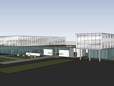 Modern Sales Office Building Featuring Glass Curtain Walls And Landscaped Courtyard 3d model