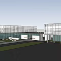 Modern Sales Office Building Featuring Glass Curtain Walls And Landscaped Courtyard