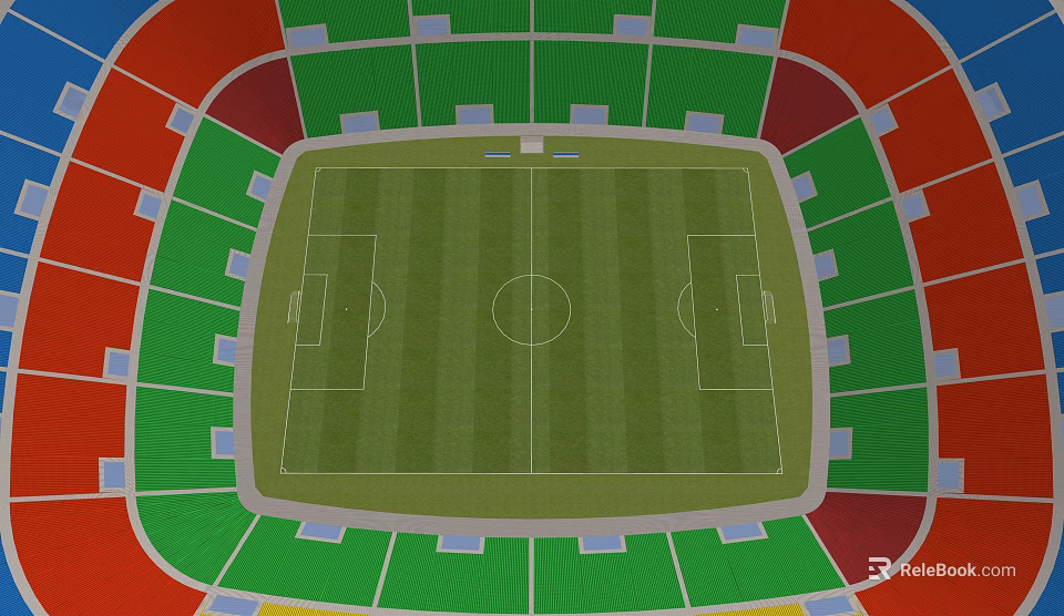 Colorful Seated Football Stadium With Green Grass And Standard Field Lines 3d model 