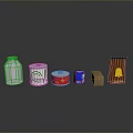 Pet Food Containers Including White Bottle Green Red Blue Cans and Coffee Box