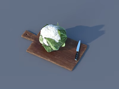 Fresh Cauliflower on Wooden Cutting Board with Sharp Kitchen Knife 3d model