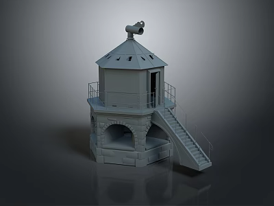 Scenic Landscape Featuring Gray Octagonal Tower With Staircase Telescope And Arched Base 3d model