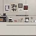 White Modern Dining Sideboard With Microwave Coffee Maker Jars And Wall Art Decor 3d model
