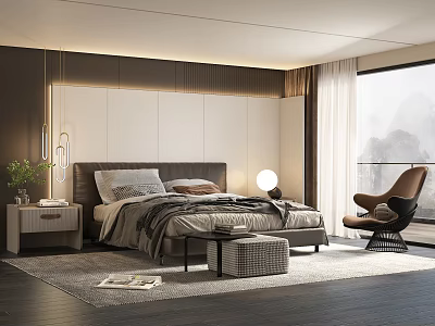 Modern Bedroom Interior With Upholstered Headboard Warm Lighting Accent Chair And Footstool 3d model