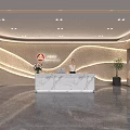 Modern Front Desk Reception Area Featuring Marble Counter Staff Curved Lighting And Green Plants