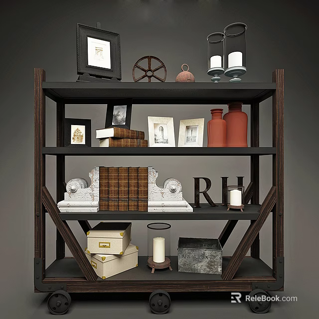 Wooden Bookcase With Photo Frames Wheel Decor Candle Holders Red Vases And Books 3d model 