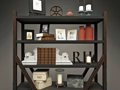 Wooden Bookcase With Photo Frames Wheel Decor Candle Holders Red Vases And Books 3d model