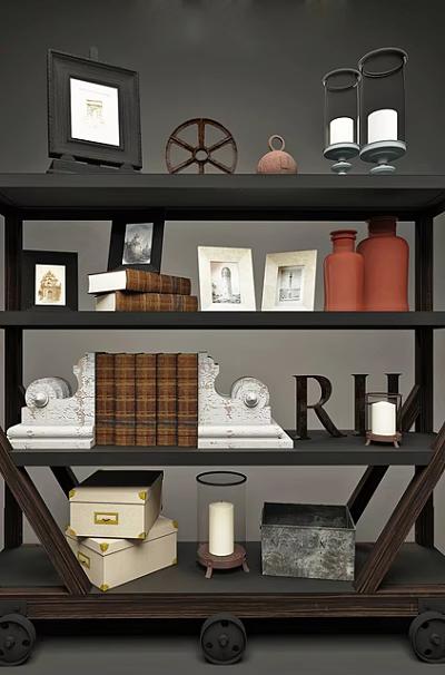 Wooden Bookcase With Photo Frames Wheel Decor Candle Holders Red Vases And Books 3d model
