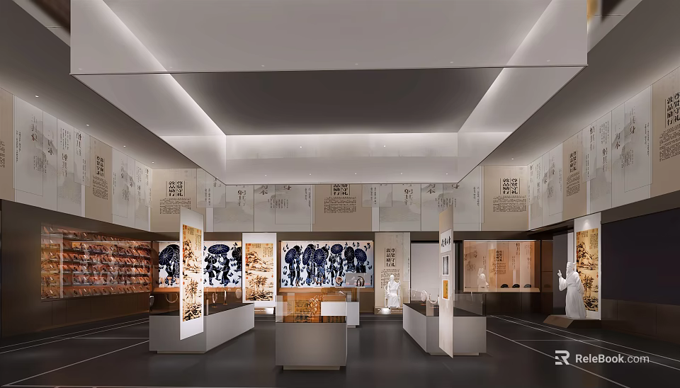 Spacious Elegant Exhibition Hall With Ancient Artifacts Traditional Calligraphy And White Display Cabinets 3d model 