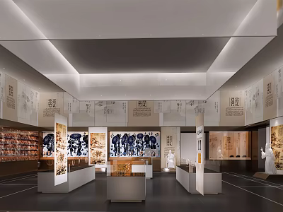 Spacious Elegant Exhibition Hall With Ancient Artifacts Traditional Calligraphy And White Display Cabinets 3d model