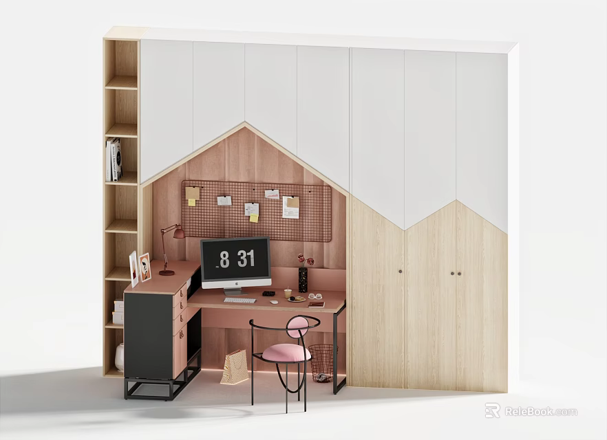 Modern Wooden Bookcase With White Panels Workspace Desk Chair And Grid Panel 3d model 