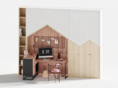 Modern Wooden Bookcase With White Panels Workspace Desk Chair And Grid Panel 3d model
