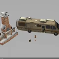 Camper Van With Brick Fireplace And Small Decorative Items On Glossy Surface 3d model
