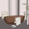Stylish Brown Bathtub In Minimalist Bathroom With Towel Rack Slippers And Green Plant