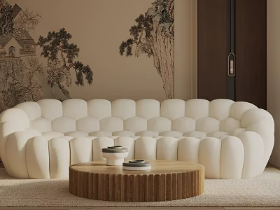 White Curved Three Seater Sofa With Wooden Coffee Table And Landscape Painting Backdrop 3d model