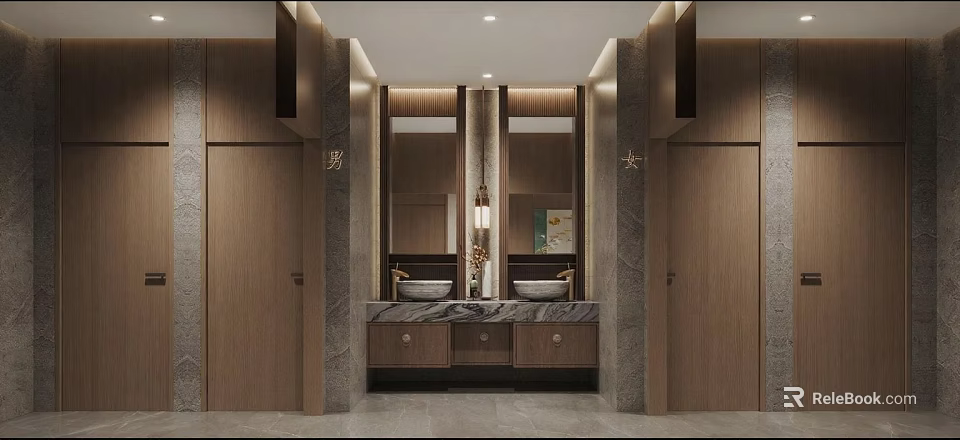 Modern Luxury Public Toilet Interior With Dual Vessel Sinks And Premium Wood Marble Finishes 3d model 