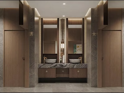 Modern Luxury Public Toilet Interior With Dual Vessel Sinks And Premium Wood Marble Finishes 3d model