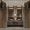 Modern Luxury Public Toilet Interior With Dual Vessel Sinks And Premium Wood Marble Finishes