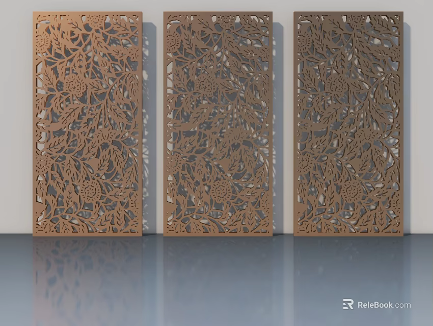 Modern Flush Doors Featuring Intricate Carved Patterns In Brown Wooden Finish 3d model 