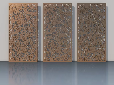 Modern Flush Doors Featuring Intricate Carved Patterns In Brown Wooden Finish 3d model