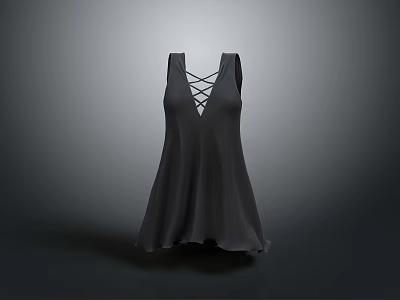 Black Sleeveless Dress With Front Lace Up Detail And Flowy Hem Design 3d model