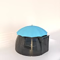 Transparent Glass Dome Structure With Blue Umbrella Shaped Top And Glass Panels