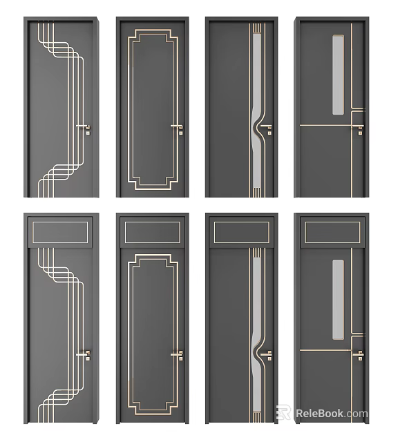 Modern Dark Gray Swing Doors With Golden Decorative Lines And Patterns 3d model