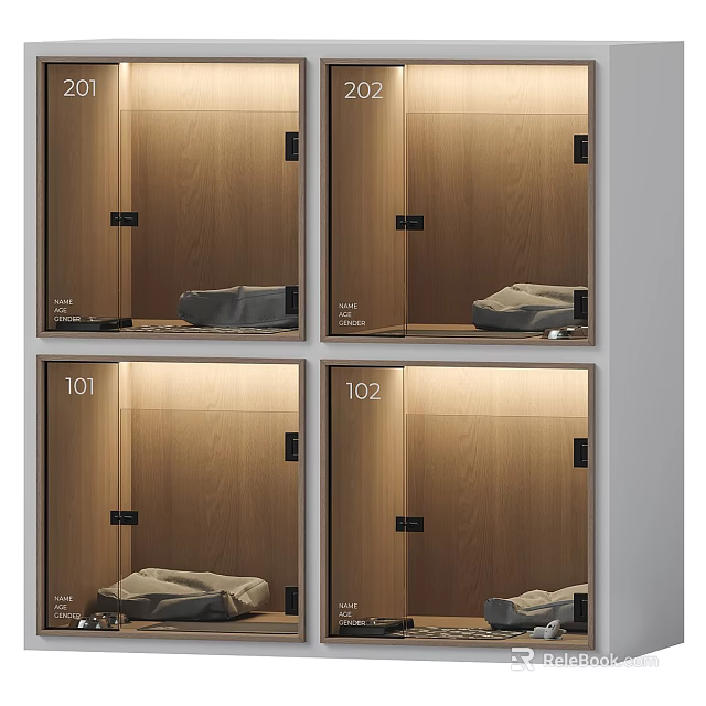 Pet Furniture Design With Wooden Cabinets Glass Doors And Gray Cushions 3d model 