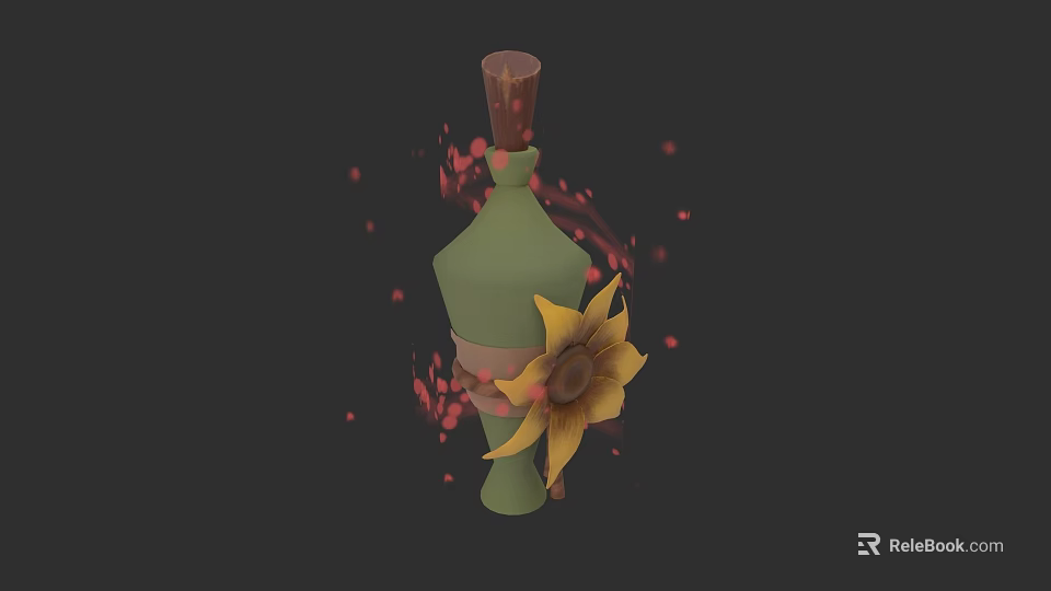 Green Ceramic Vessel With Sunflower Decoration Wooden Stopper And Red Petals 3d model 