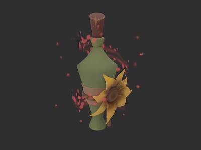 Green Ceramic Vessel With Sunflower Decoration Wooden Stopper And Red Petals 3d model
