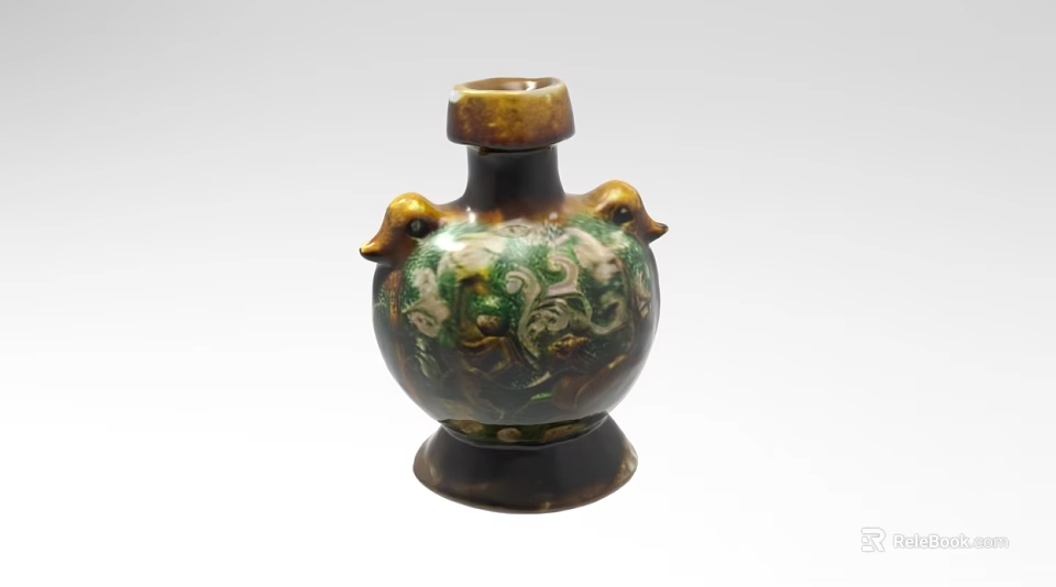 Traditional Ceramic Vessel With Two Bird Shaped Handles Green Brown Glaze And Intricate Patterns 3d model 