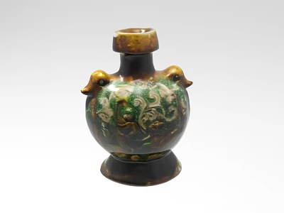 Traditional Ceramic Vessel With Two Bird Shaped Handles Green Brown Glaze And Intricate Patterns 3d model